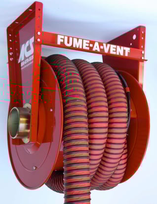 Fume-A-Vent branded vehicle exhaust hose reel with retractable hose.