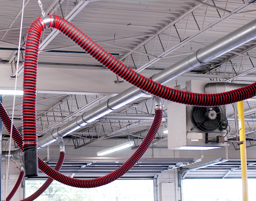 Rope and Pulley overhead exhaust removal system installed at Hollywood Motor Co., to extract vehicle emissions. Rope and Pulley overhead exhaust removal system installed at Hollywood Motor Co., to extract vehicle emissions.