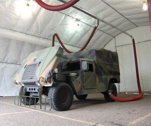 Rope and Pulley overhead exhaust removal system installed for Alaska Structures military repair tent. Rope and Pulley overhead exhaust removal system installed for Alaska Structures military repair tent.