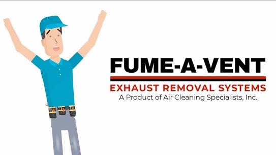 Technician illustration with Fume-A-Vent logo representing vehicle exhaust removal solutions.