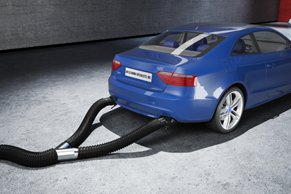 Crushproof-Hose exhaust removal system attached to a car to remove airborne contaminants.